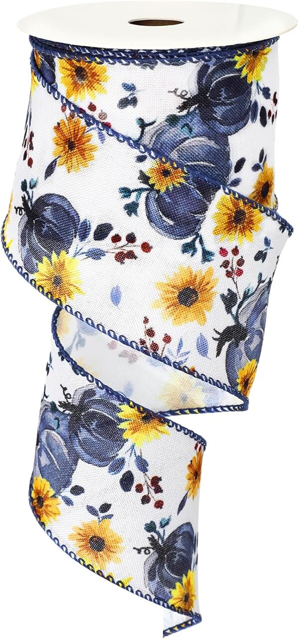 Fall Wired Edge Ribbon 2.5 Inch Blue Watercolor Autumn Pumpkin Sunflower Ribbon for Bow Wreath Craft Gift Wrap Farmhouse Harvest Thanksgiving Holiday Party Decoration, 12 Yard